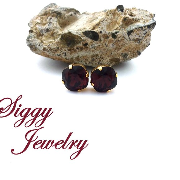 Swarovski Burgundy Cushion Cut Stud Earrings, 12mm - Picture 5 of 8